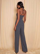 COSMINA Women's Navy Blue Striped Halter Jumpsuit For Autumn & Winter